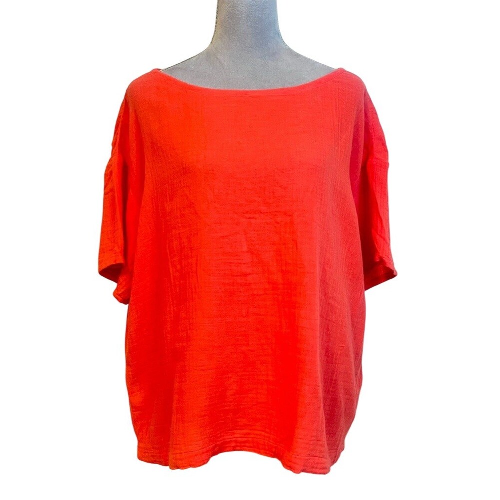 Eileen Fisher 100% organic cotton coral L top blouse boxy gauze beach